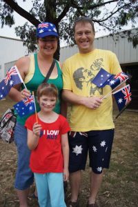 Jodie, Anthony and Zeana Cole got into the green and gold spirit at Cranbourne’s Australia Day event.